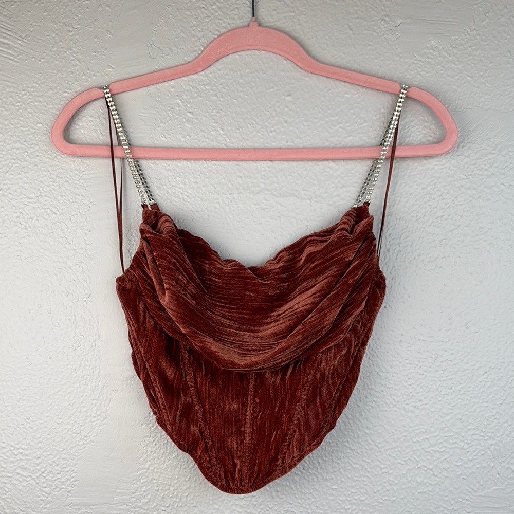Urban Outfitters Rust Velvet Cowl Neck Top with Rhinestone Chain Straps